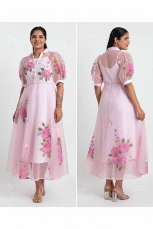 Floral Print Shirt Collar Puff Sleeve Fit & Flare Pleated Midi Dress – Feminine Elegance Redefined