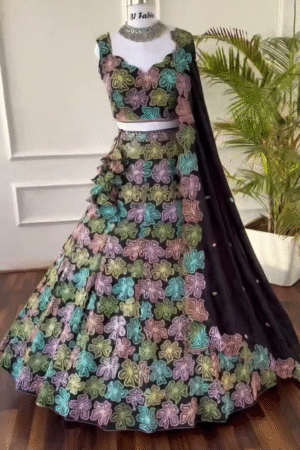 Black Stunning Fox Georgette Semi-Stitched Lehenga Set with Thread & Sequin Work – A Glamorous Fusion of Grace and Sparkle