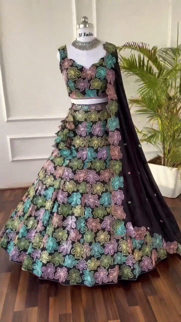 Black Stunning Fox Georgette Semi-Stitched Lehenga Set with Thread & Sequin Work – A Glamorous Fusion of Grace and Sparkle