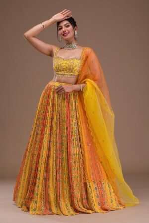 Yellow Cutdana Crepe Readymade Lehenga