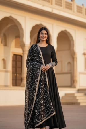 Embroidered Solid Anarkali Kurta, Bottom & Dupatta Set – Elegant Ethnic Ensemble for Women
