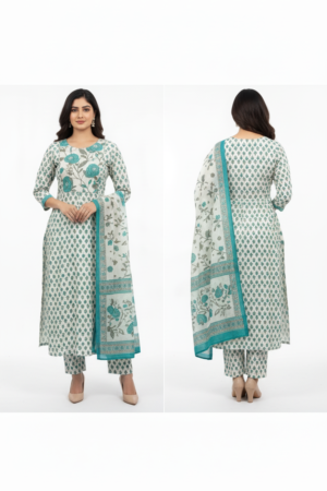 Women’s White Cotton Printed Kurti Set with Dupatta – Classic Elegance & Everyday Comfort