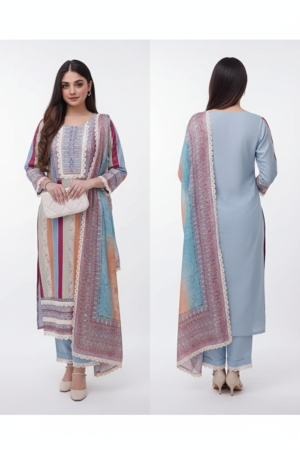 Printed Round Neck Kurta with Trousers & Dupatta – Stylish Ethnic Ensemble for Women