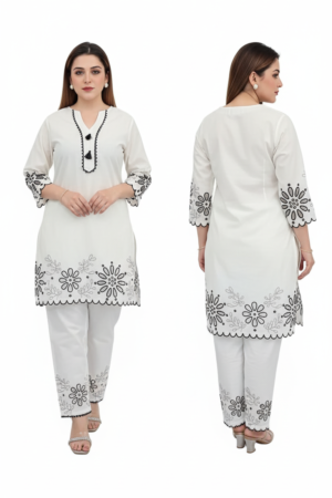 Women’s White Kurti & Pant Set with Black Embroidery – Elegant Ethnic Ensemble