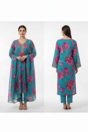 Floral Teal Velvet Straight Kurta with Velvet Palazzo and Shawl – A Royal Ensemble